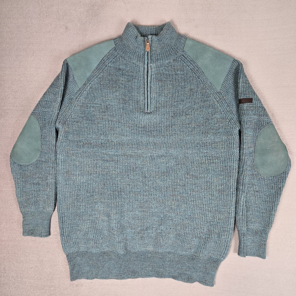 Woolovers 100% Wool Sweater Mens 2XL 1/4 Zip Pullover Knit Suede Elbow Patches
